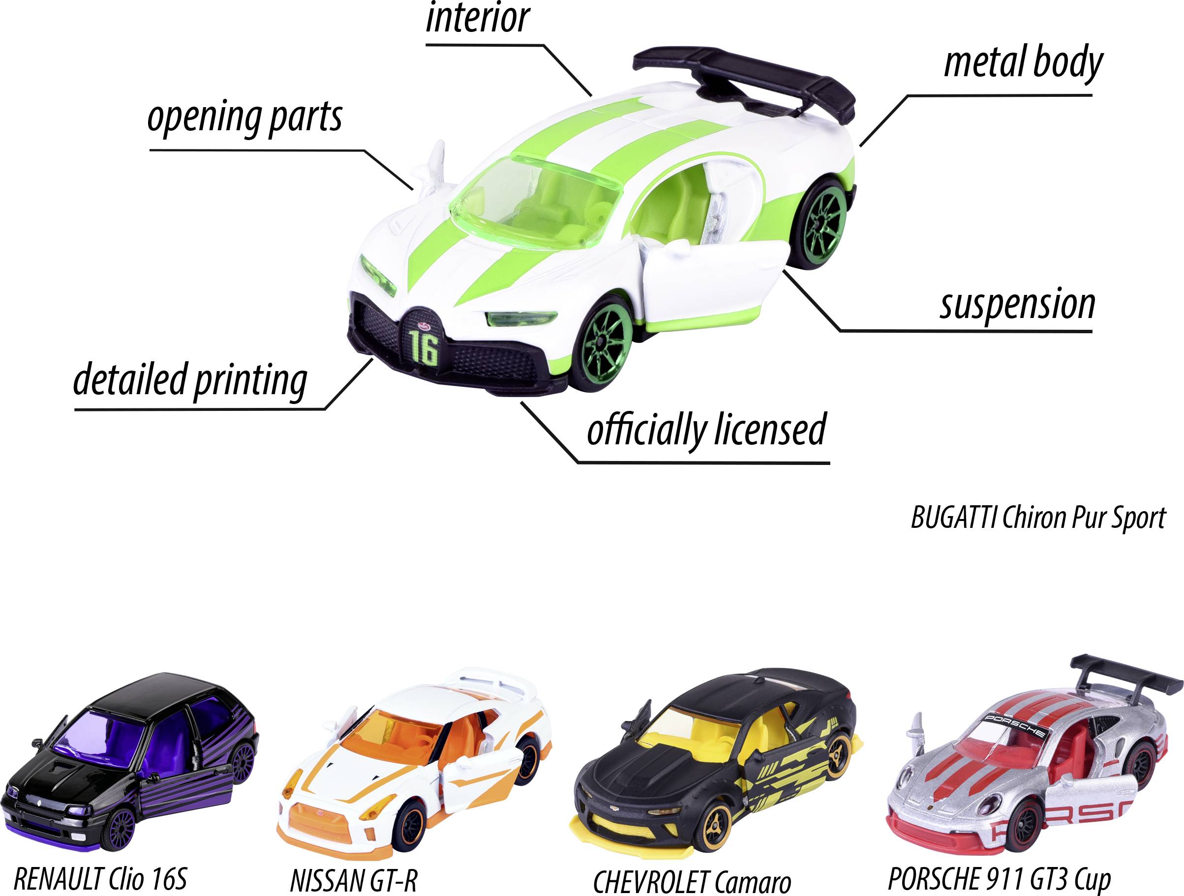 'Fünf Modellautos: RENAULT, NISSAN, CHEVROLET, PORSCHE, BUGATTI. BUGATTI zeigt Details wie Metallkarosserie und Öffnungsteile.'
