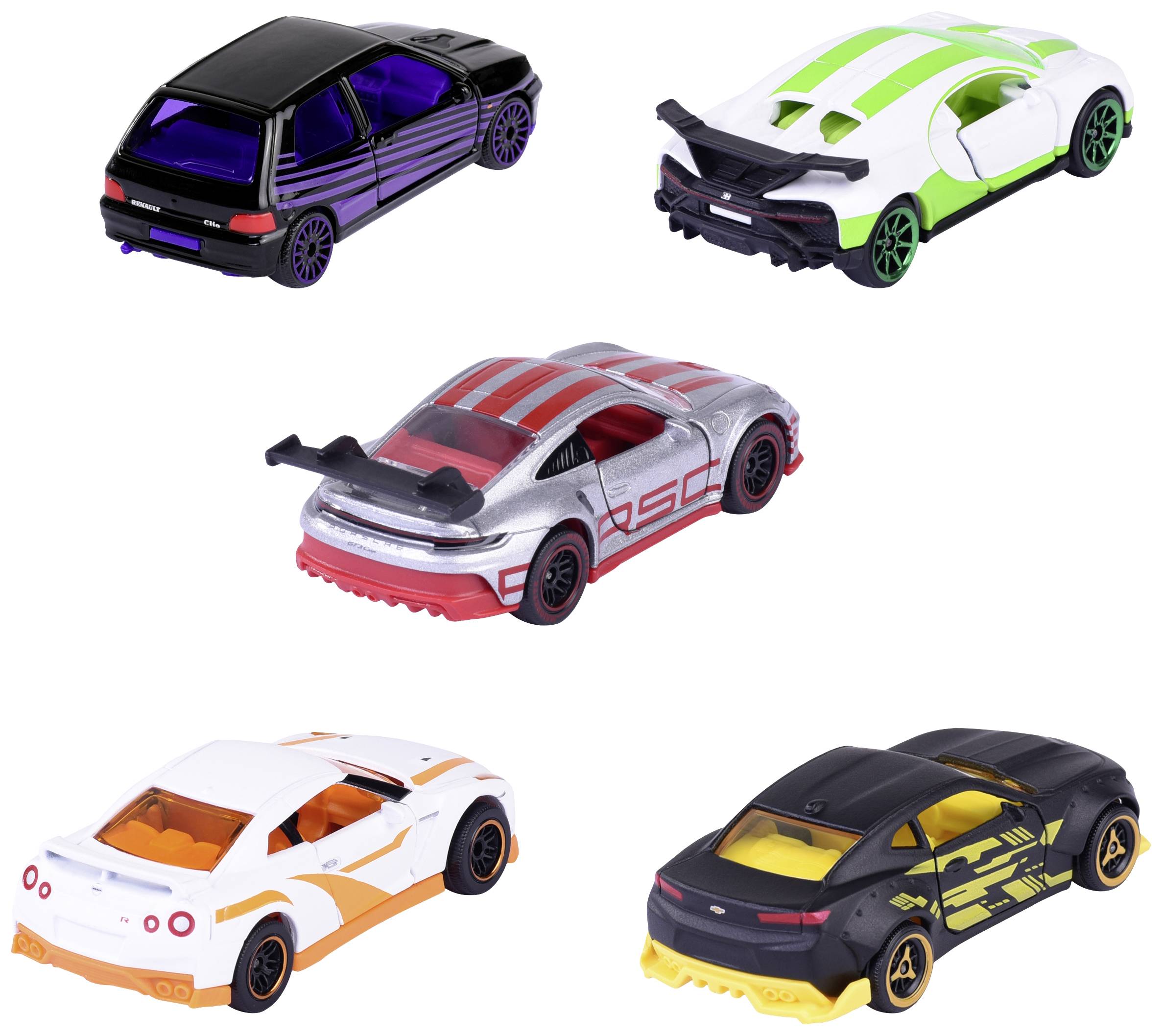 Fünf Spielzeugautos in verschiedenen Farben und Designs auf weißem Hintergrund, jeweils mit sportlichen Merkmalen und Heckspoiler.