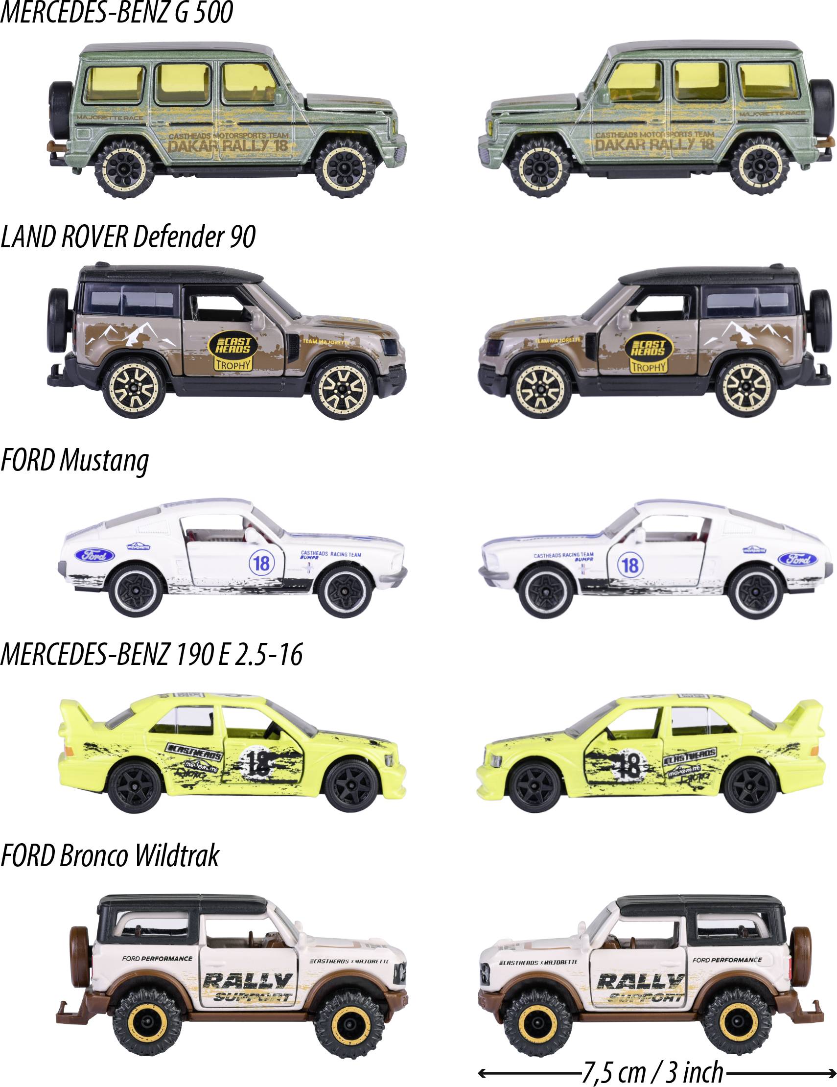 Sechs Modellautos horizontal auf weißem Hintergrund. Modelle: MERCEDES-BENZ G 500, LAND ROVER Defender, FORD Mustang, MERCEDES-BENZ 190, FORD Bronco.