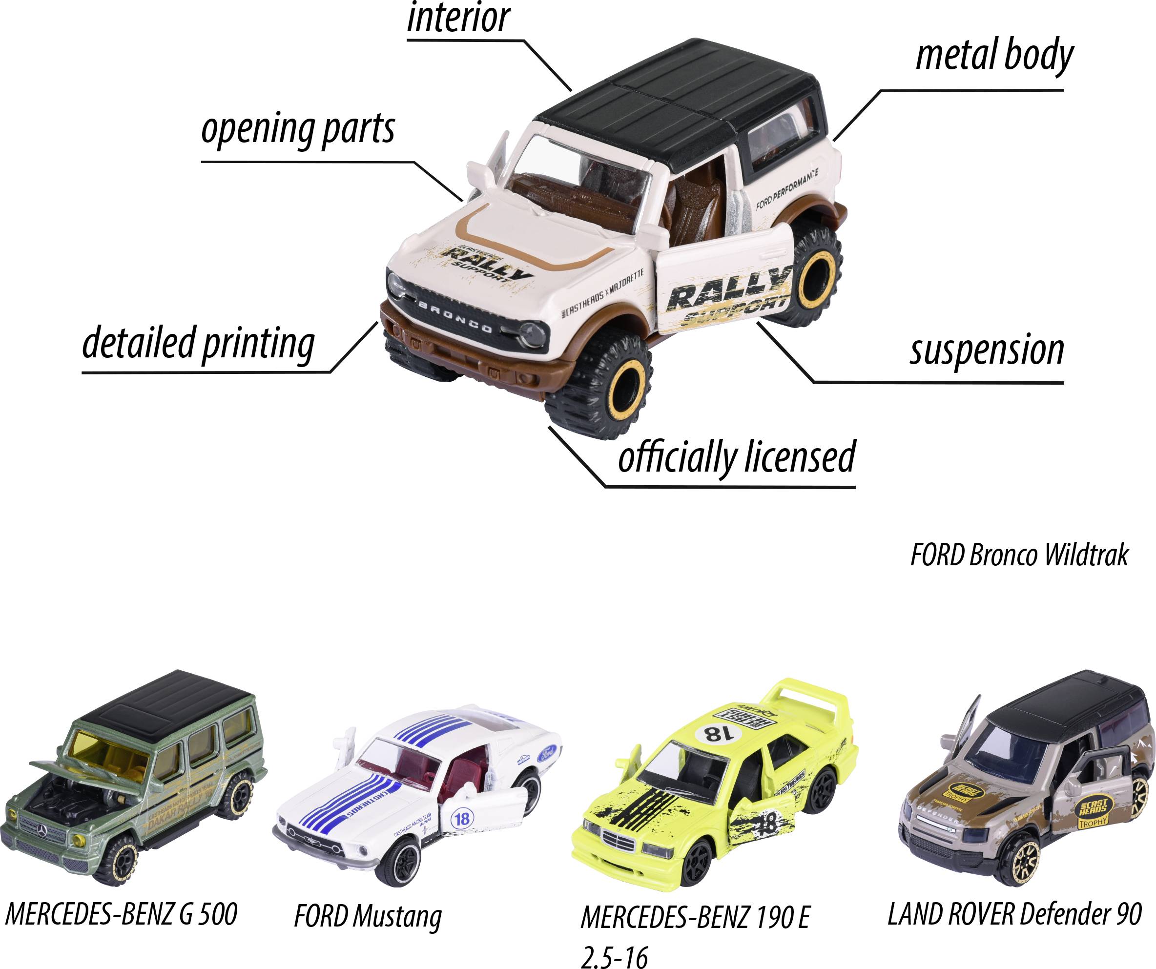 'Fünf Modellautos: FORD Bronco Wildtrak, MERCEDES-BENZ G 500, FORD Mustang, MERCEDES-BENZ 190 E, LAND ROVER Defender 90. Merkmale wie Metallkörper, Federung und detaillierter Druck.'