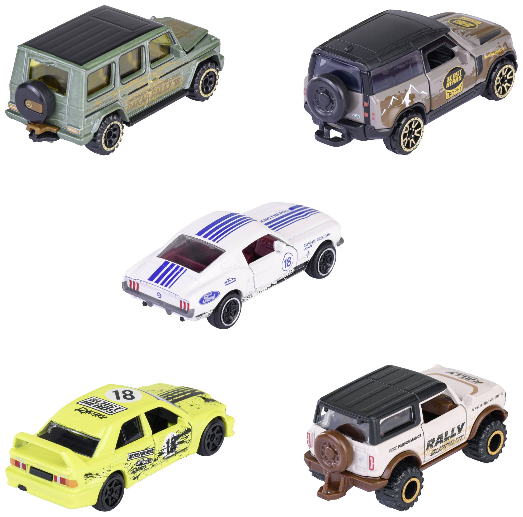Fünf Modellautos in verschiedenen Farben und Designs, darunter Geländewagen und Rennwagen, nebeneinander aufgestellt.