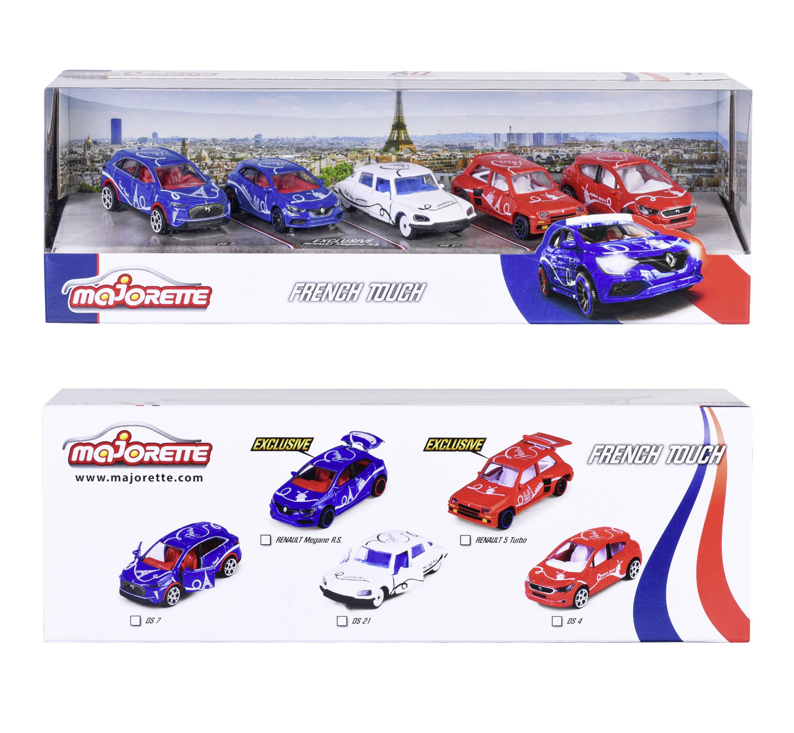 Fünf Modellautos in Blau, Weiß und Rot in einer Verpackung mit dem Motiv des Eiffelturms. Markenname 'Majorette' und Schriftzug 'French Touch'.
