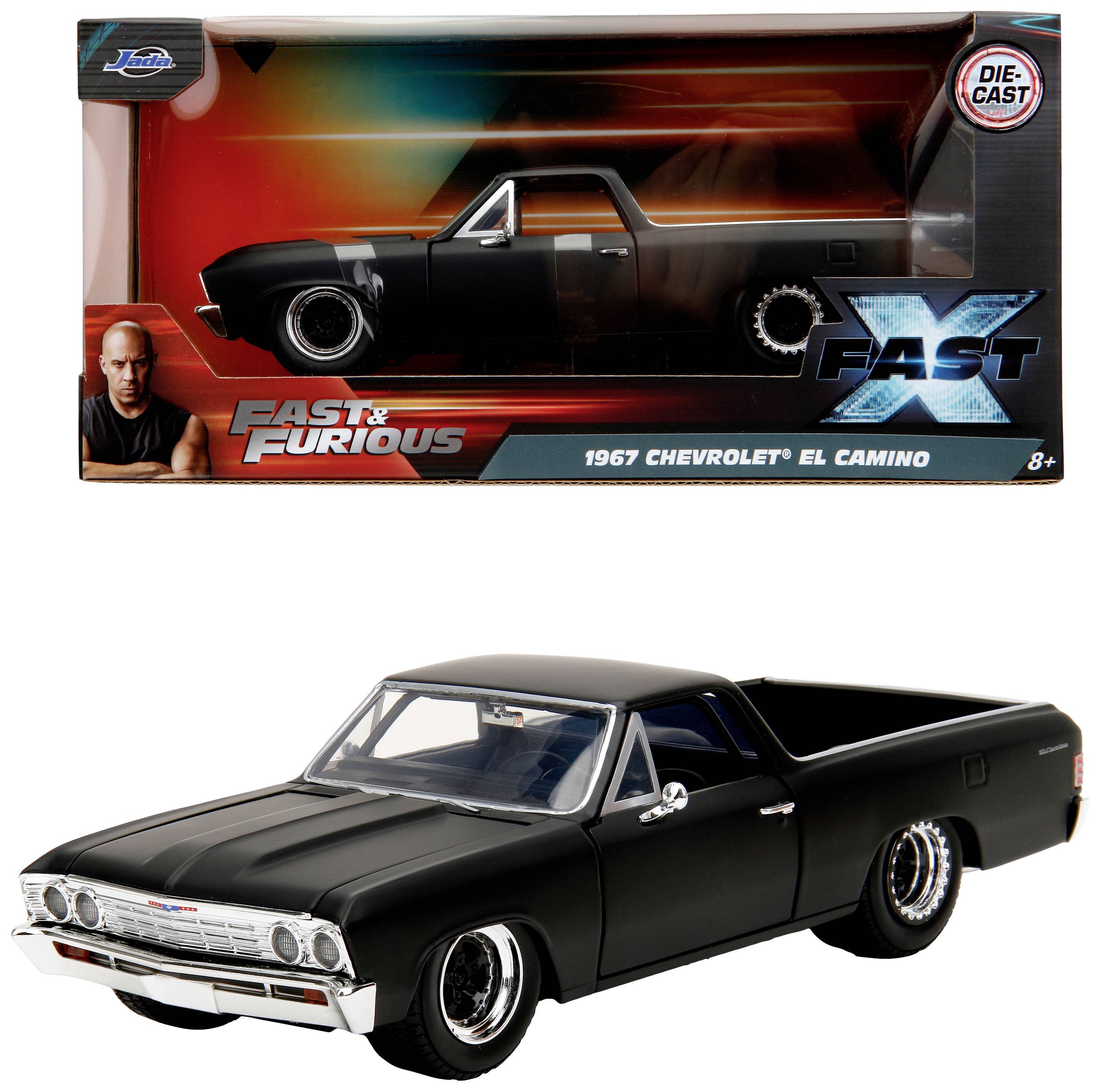 Modellauto eines 1967 Chevrolet El Camino aus 'Fast & Furious', schwarz, in einer Verpackung.