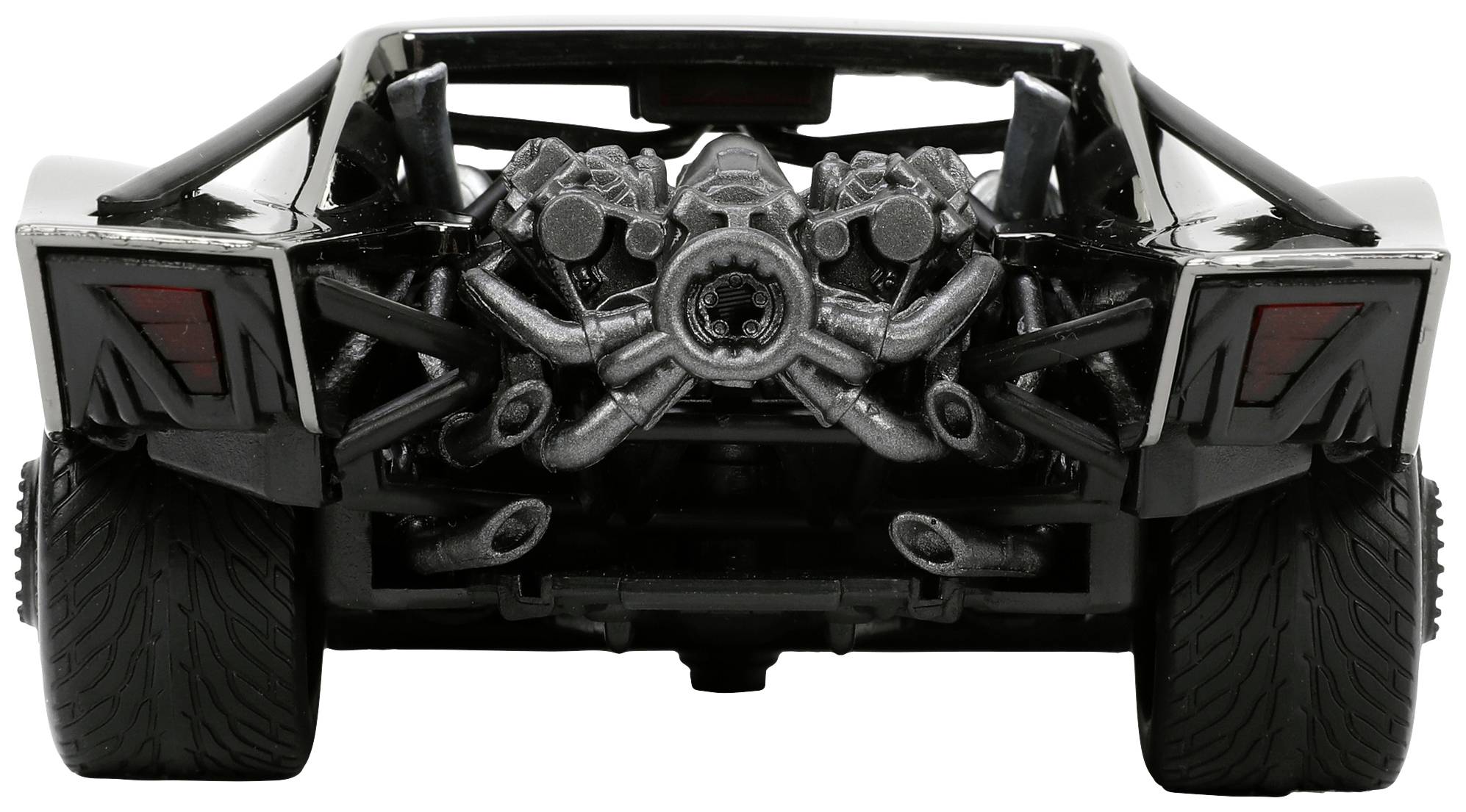 Rückansicht eines schwarzen Sportwagens mit sichtbarem Motor und breiten Reifen.