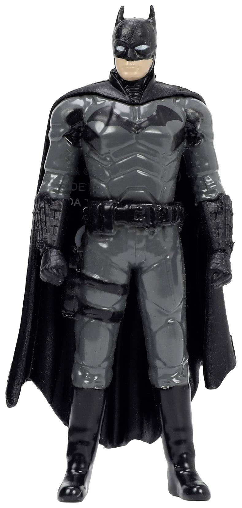 Spielfigur eines maskierten Helden in schwarzem Anzug mit Umhang und Stiefeln.