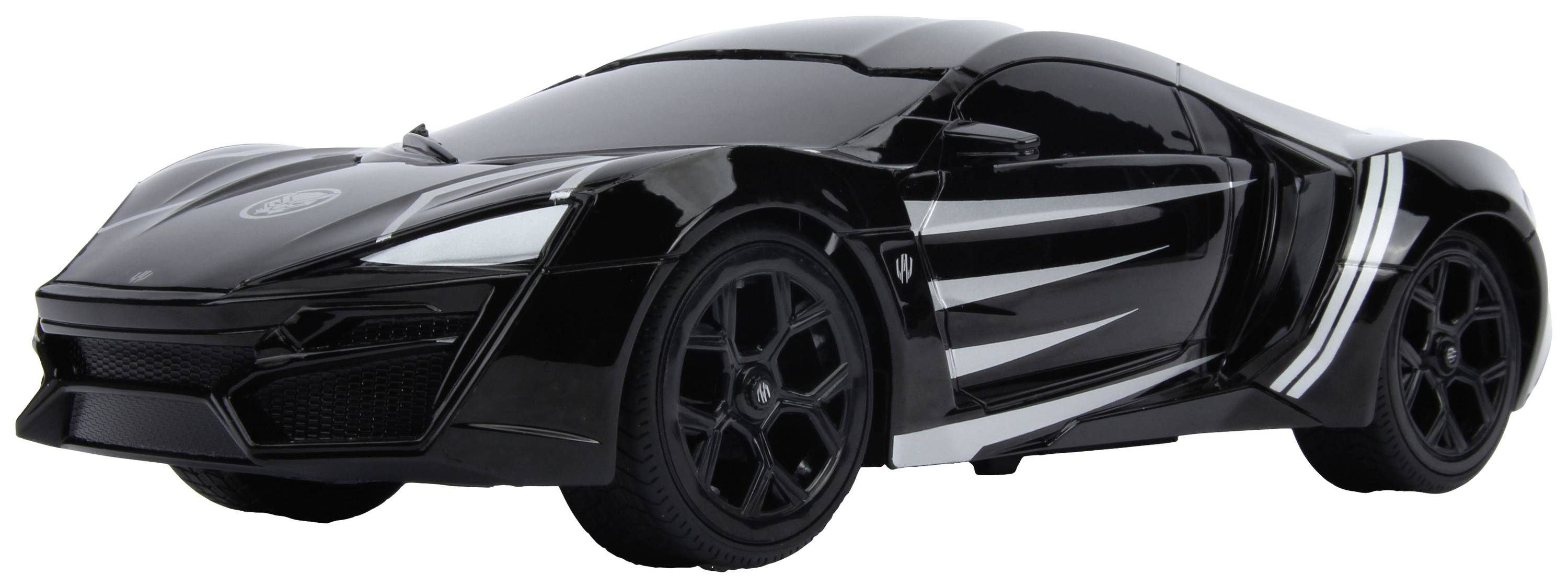 Schwarzes Spielzeugauto im Sportwagendesign mit weißen Streifen an den Seiten, auf einem hellen Hintergrund.