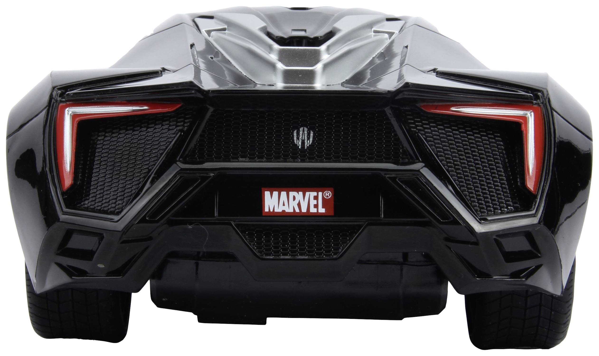 Schwarzes Spielzeugauto von hinten, mit roten Heckleuchten und 'MARVEL'-Logo in der Mitte des Hecks.