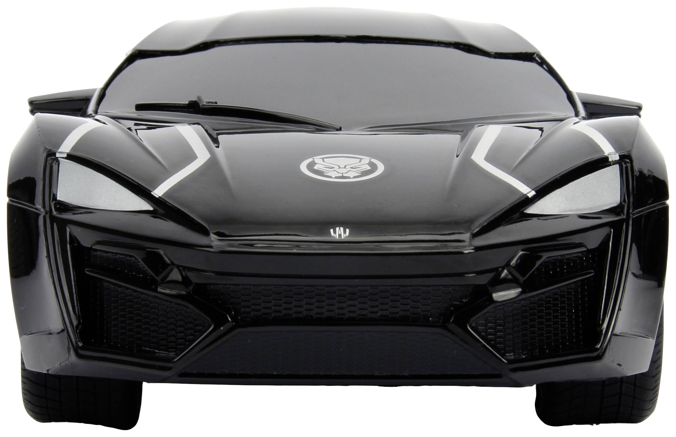 Schwarzes Spielzeugauto von vorne, mit sportlichem Design und weißen Linien auf der Motorhaube.