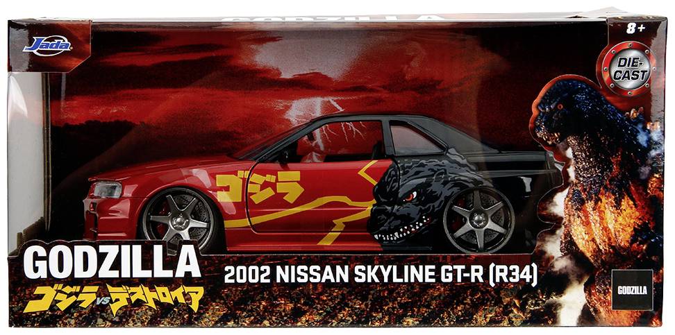 Verpackung eines Modellautos: 2002 Nissan Skyline GT-R (R34) im Godzilla-Design mit rotem Hintergrund. Enthält 'Die-Cast'-Text.