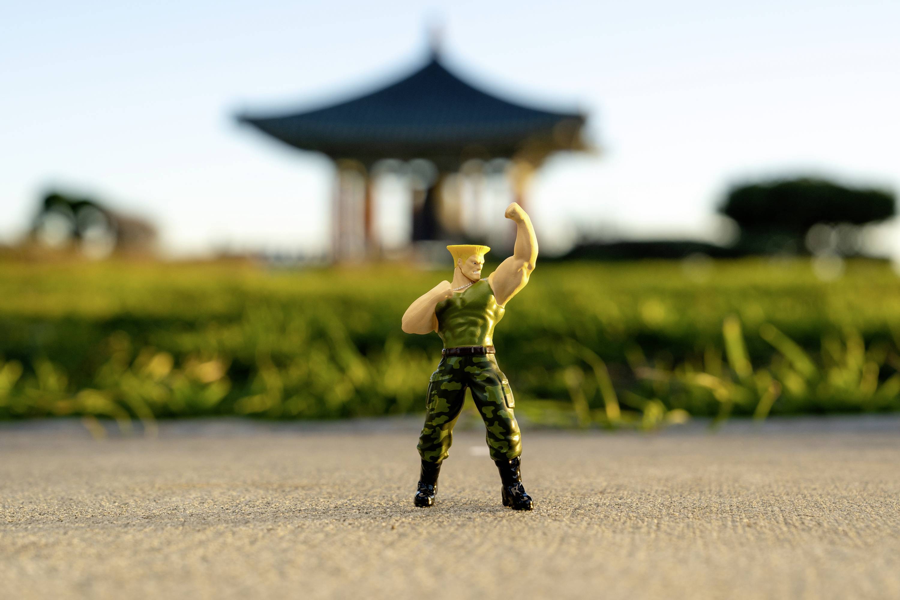 Eine Spielzeugsoldat-Figur in Kampfuniform posiert auf einer Straße, im Hintergrund ein unscharfer Pavillon und grüne Wiese.