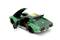 Ein grünes Spielzeugauto mit offenen Türen, gelbem Dach und 'SF Racing'-Schriftzug. Es hat schwarze Räder und einen sichtbaren Motor.