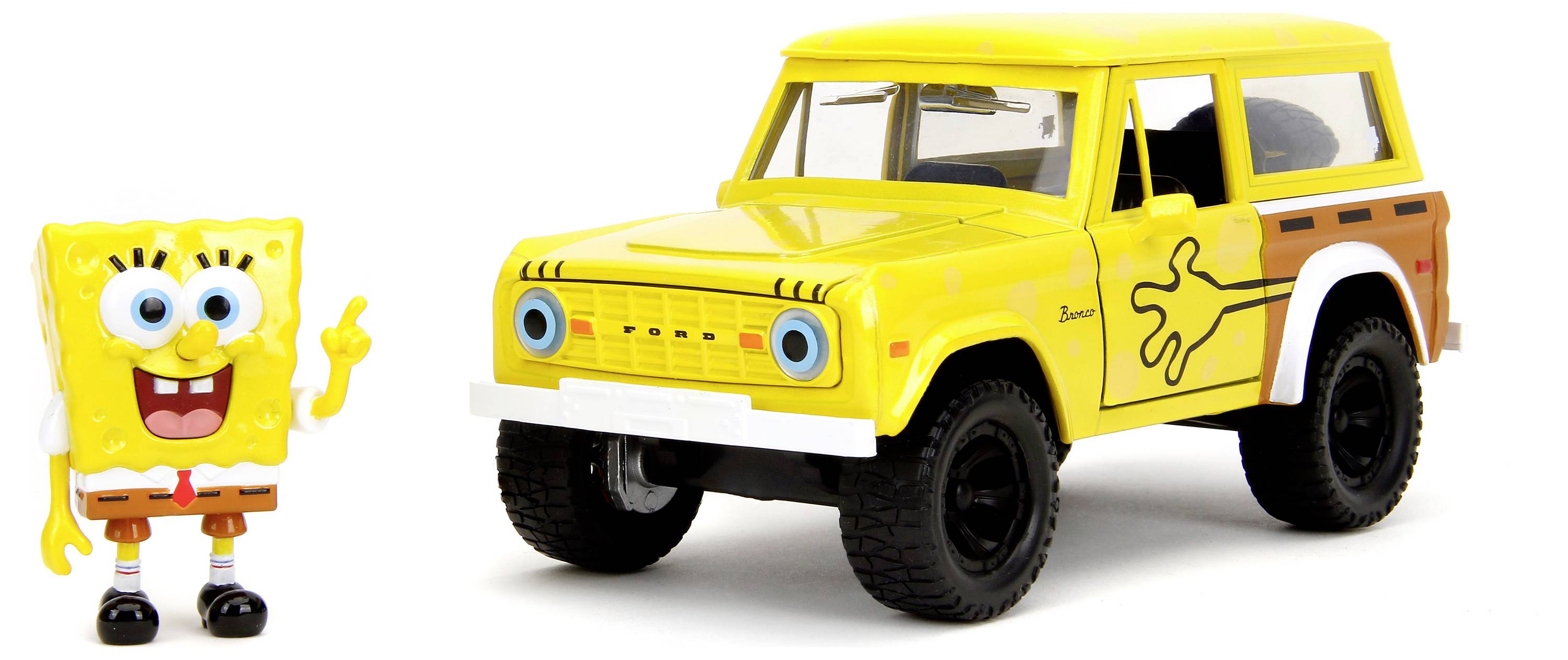 Ein Spielzeugauto mit gelbem und blauem Motiv neben einer Figur, die aussieht wie ein fröhlicher Schwamm.