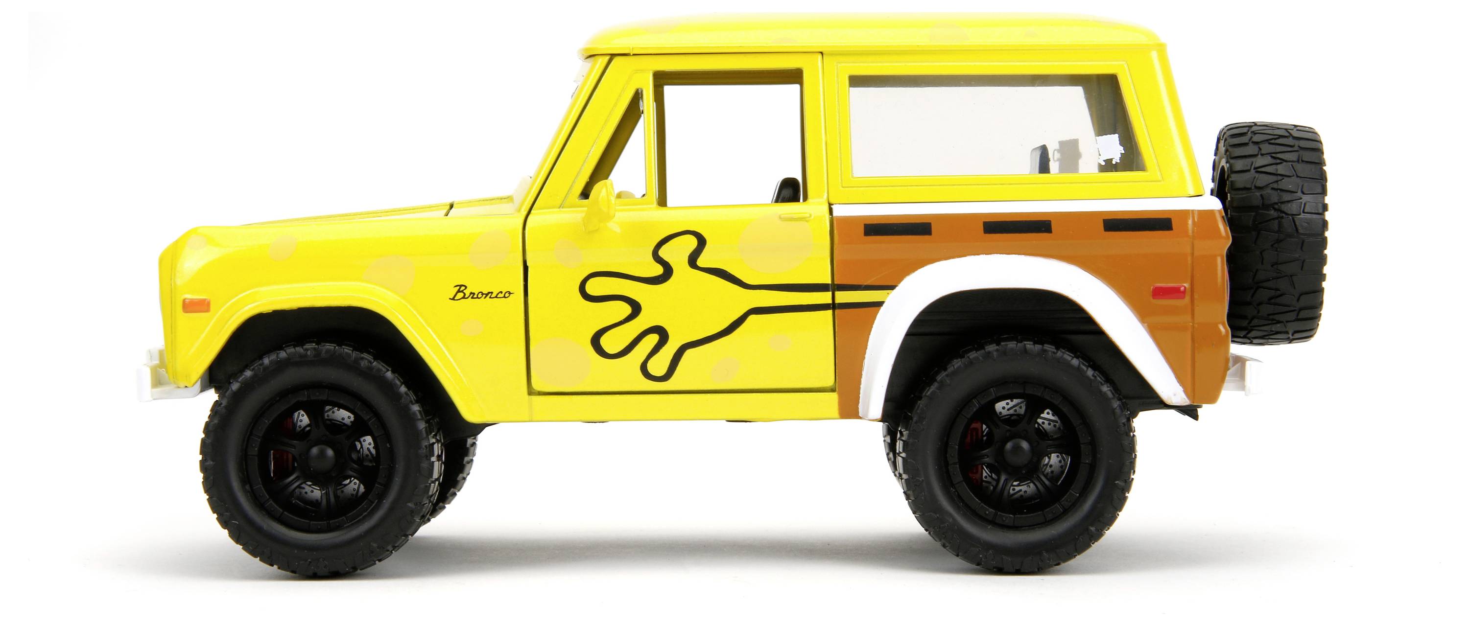 Gelbes Spielzeugauto im SUV-Design mit großem Ersatzreifen hinten und einem auffälligen schwarzen Muster an der Seite.