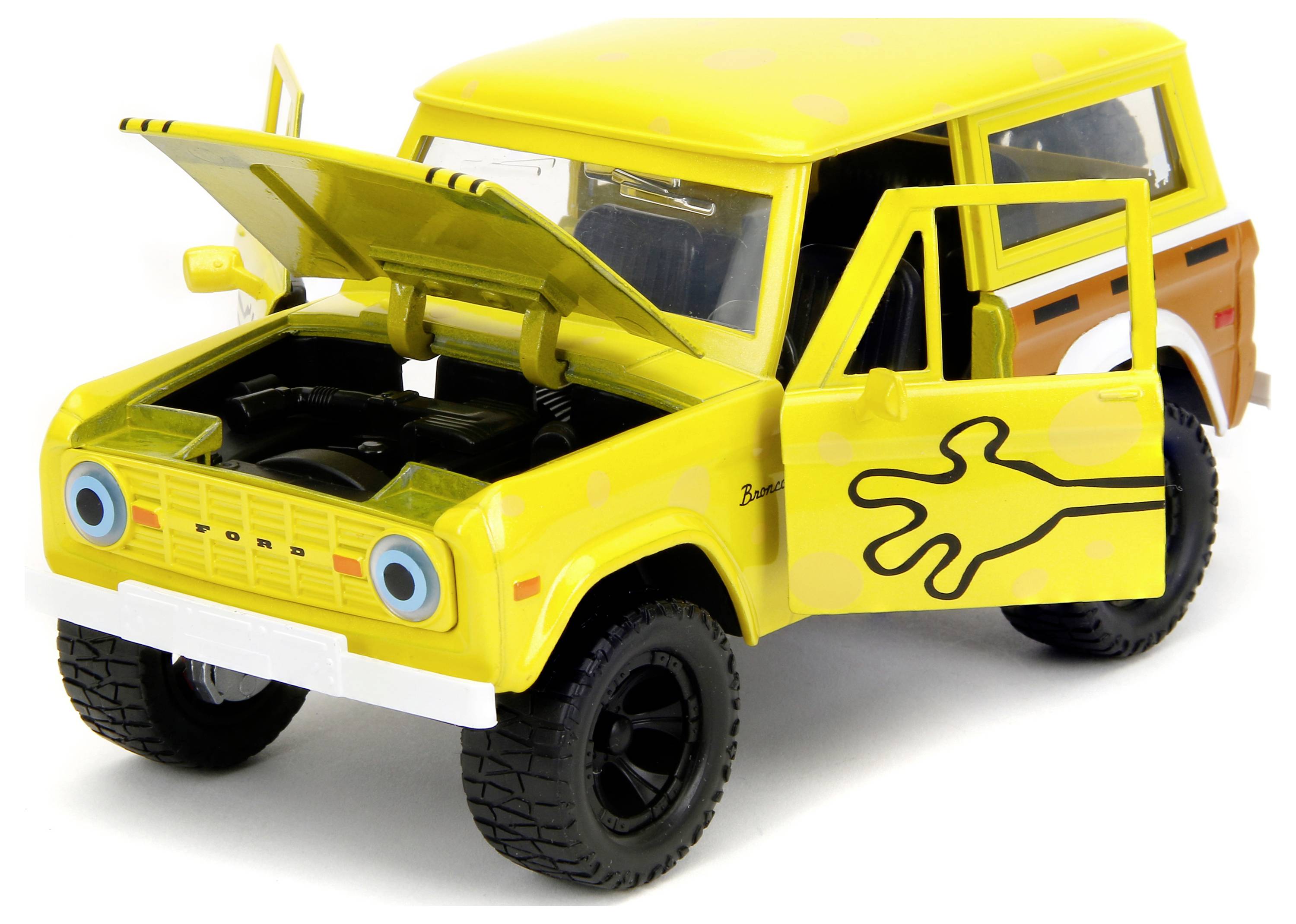 Gelbes Spielzeugauto im Cartoon-Stil mit offenen Türen und Motorhaube. Verziert mit einer schwarzen Zeichnung einer Hand an der Seite.