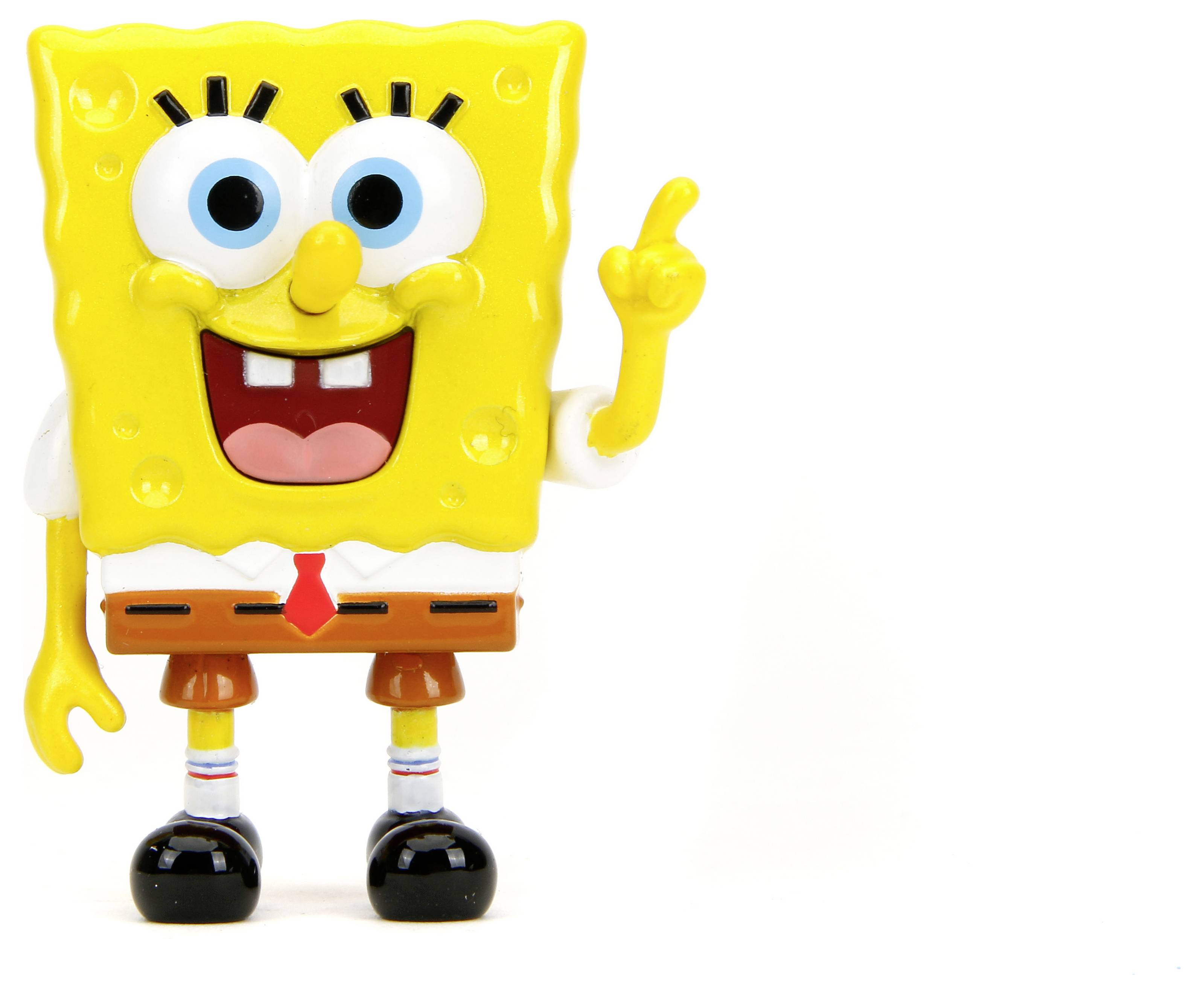 Eine gelbe, menschengroße Cartoon-ähnliche Figur mit großen blauen Augen und einem breiten Lächeln hebt fröhlich einen Finger.
