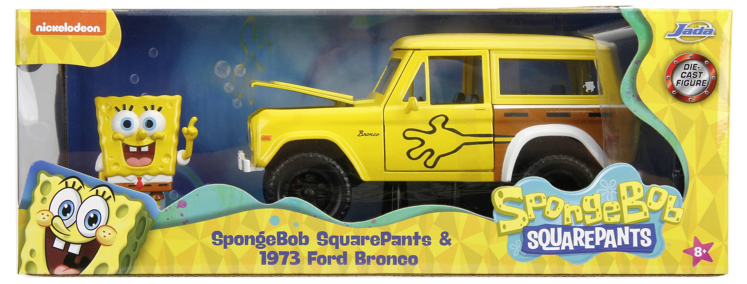 Verpackung eines gelben Spielzeugautos, beschriftet mit 'SpongeBob SquarePants & 1973 Ford Bronco'. Links ist eine SpongeBob-Figur abgebildet.