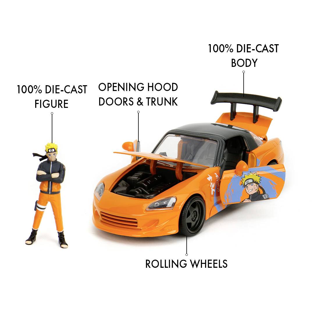 'Sportwagenmodell mit geöffneter Motorhaube und Kofferraum, orange mit schwarzen Akzenten, weiße Schriften und passender Spielfigur.'