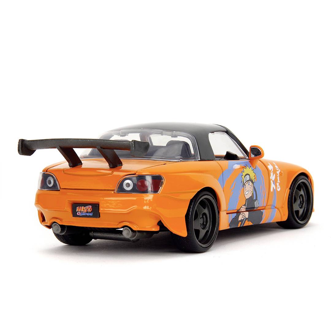 Ein oranges Modellauto mit schwarzen Rädern und großem Heckspoiler. Auf der Seite ist ein farbiges Design abgebildet.