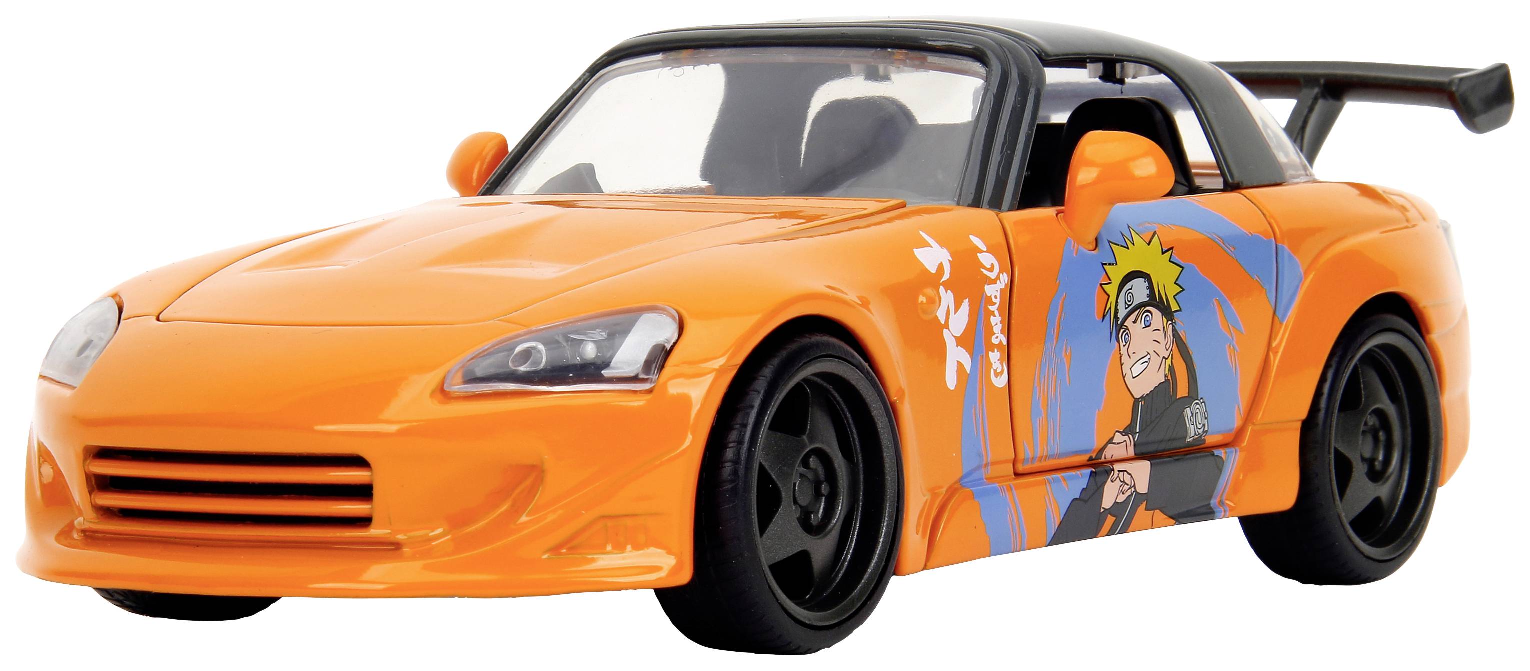 Ein orangefarbenes Cabrio-Spielzeugauto mit Spoiler, Motiven und japanischen Schriftzeichen an den Seiten.