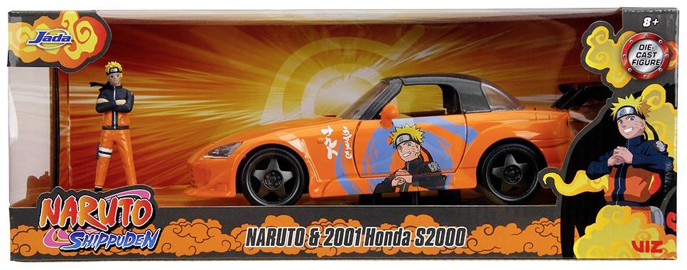 Orangefarbenes Spielzeugauto mit Naruto-Motiv, daneben eine Naruto-Figur. Verpackung zeigt "Naruto & 2001 Honda S2000". Ab 8 Jahren.