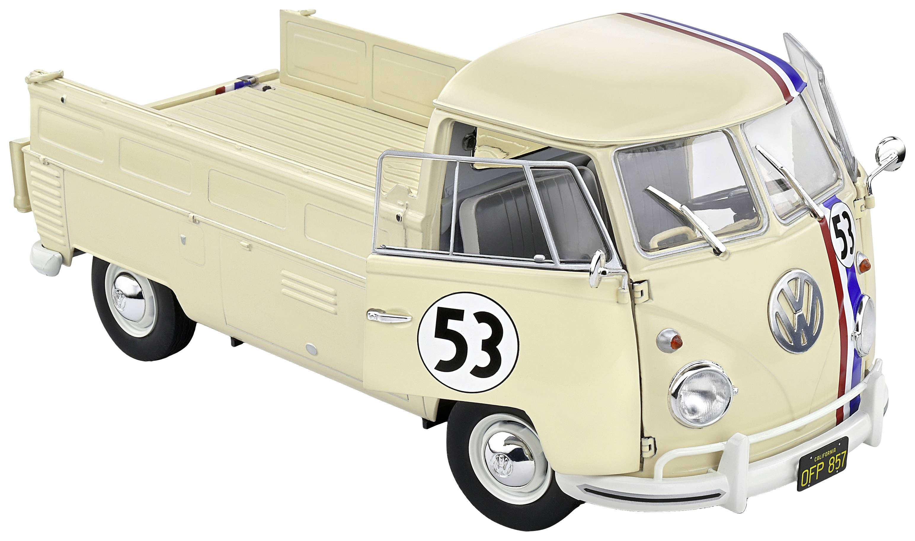 Ein cremefarbener Volkswagen T1 Pritschenwagen mit der Nummer 53 und blau-roten Streifen, hervorgehoben im Vordergrund.