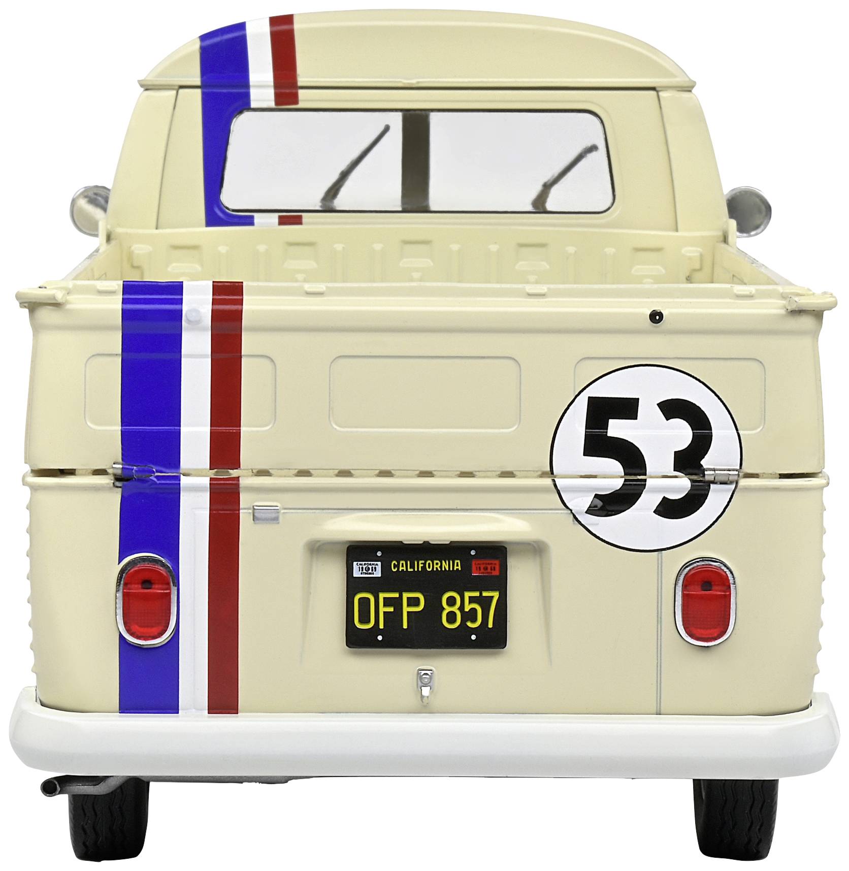 Ein cremefarbener Kleintransporter in Heckansicht mit der Nummer '53' und roten sowie blauen Streifen. Kalifornisches Nummernschild 'OFP 857'.