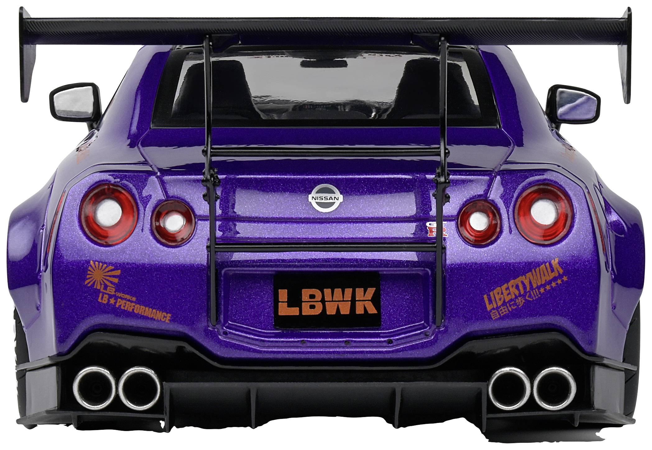 Ein lila Sportwagen mit großem Heckspoiler und vier Auspuffrohren. Auf dem Heck steht 'LBWK' und es sind verschiedene Aufkleber sichtbar.