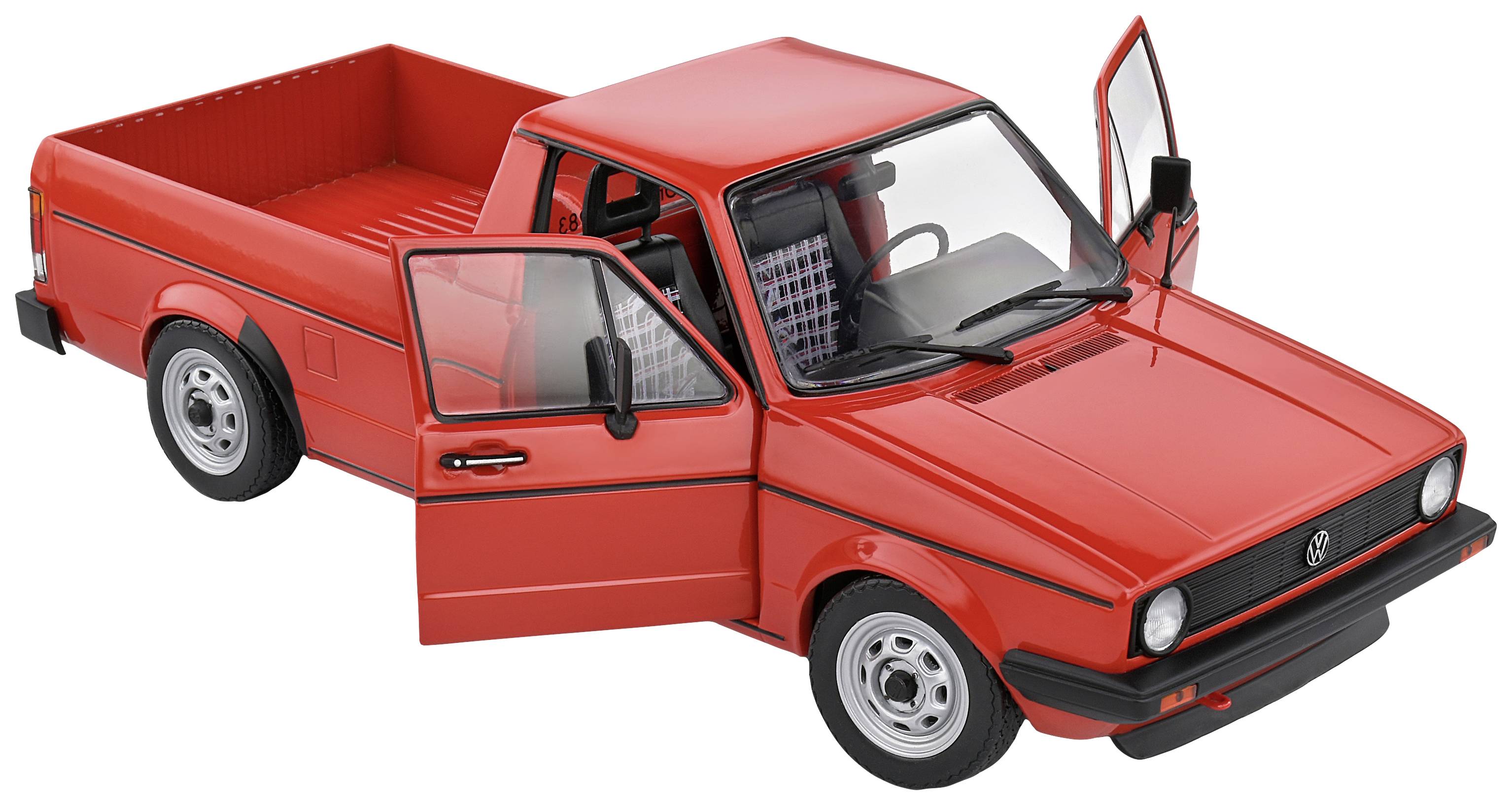 Ein roter Pickup-Truck mit offenen Türen, frontal und seitlich sichtbar. Rechteckige Scheinwerfer und ein Logo auf der Front.