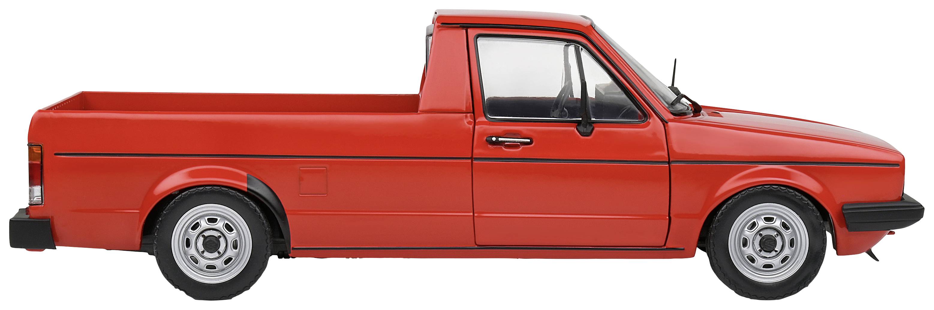 Roter Pickup-Truck, seitliche Ansicht, zeigt Fahrzeugform und Design.