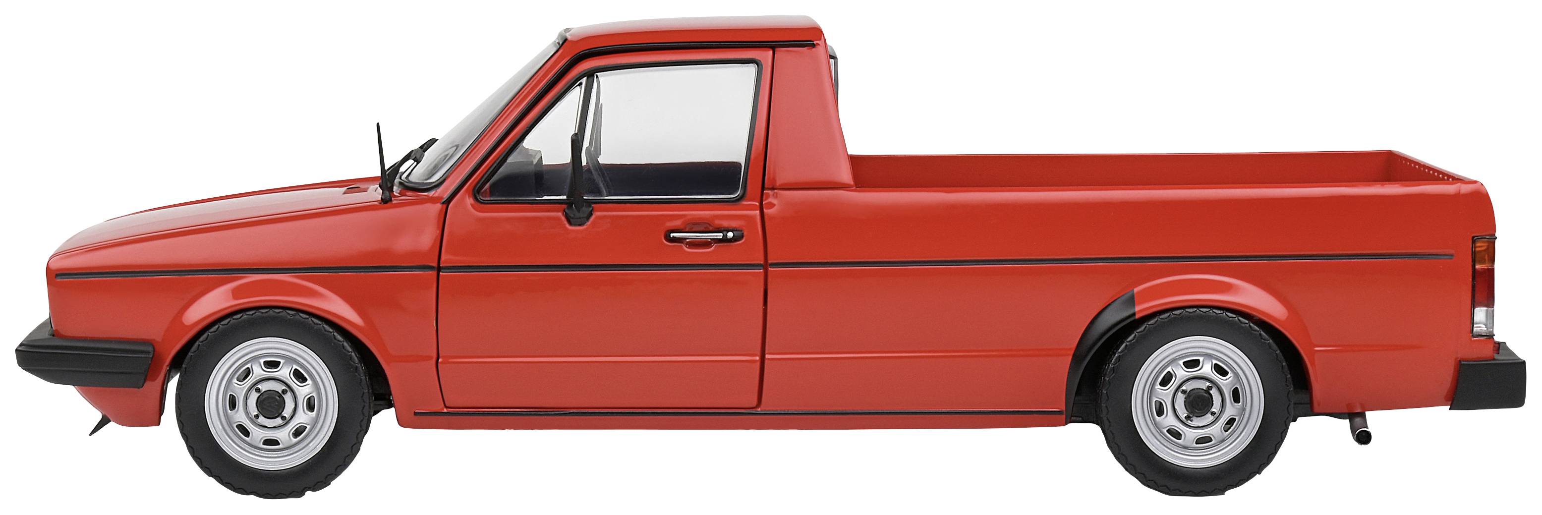 Rotes Modellauto eines Pickup-Trucks, seitlich fotografiert, glatt polierte Oberflächen mit schwarzen Akzenten auf Rädern und Karosserie.