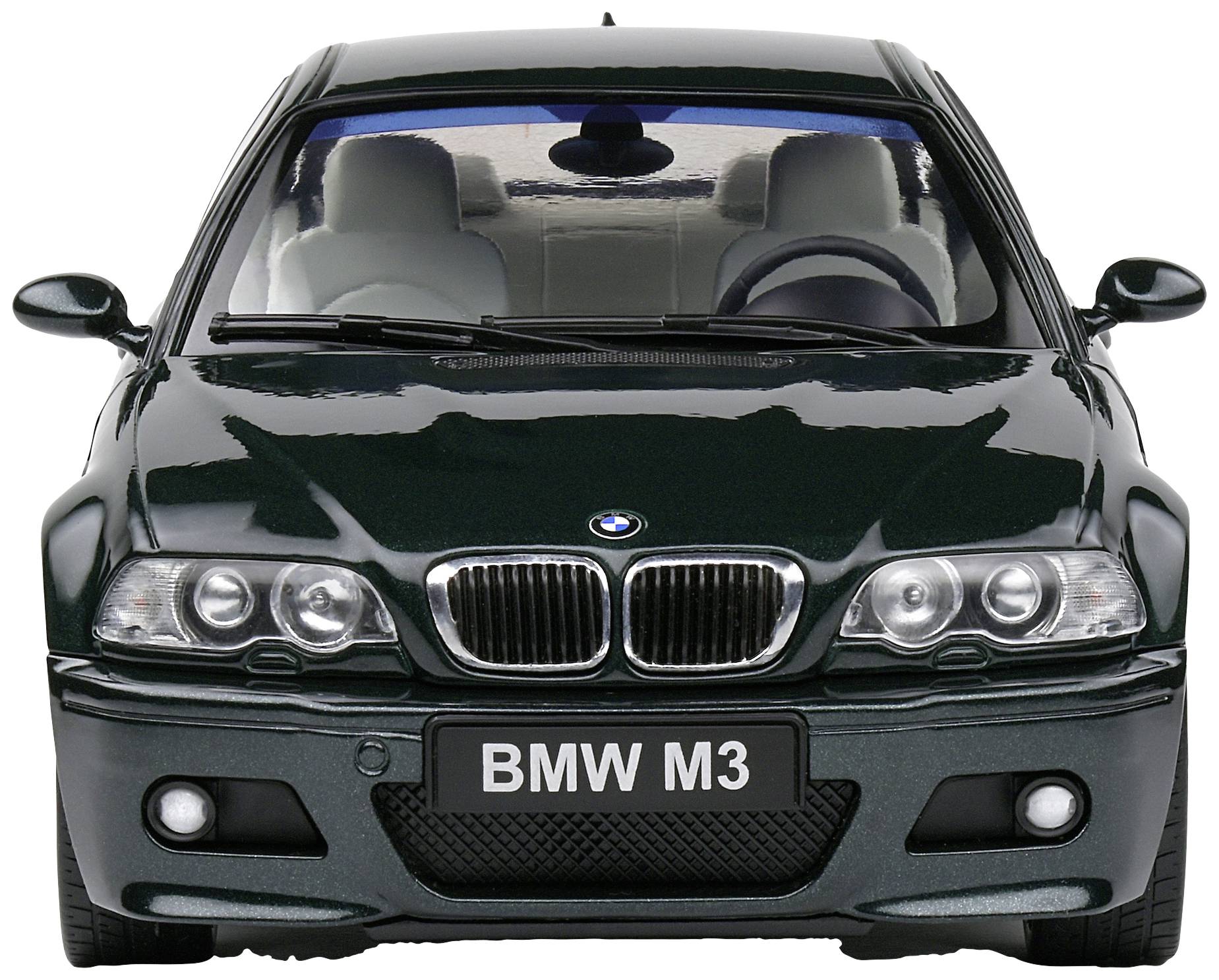 Ein dunkler BMW M3, frontal fotografiert, zeigt den Kühlergrill, Scheinwerfer und Autokennzeichen.