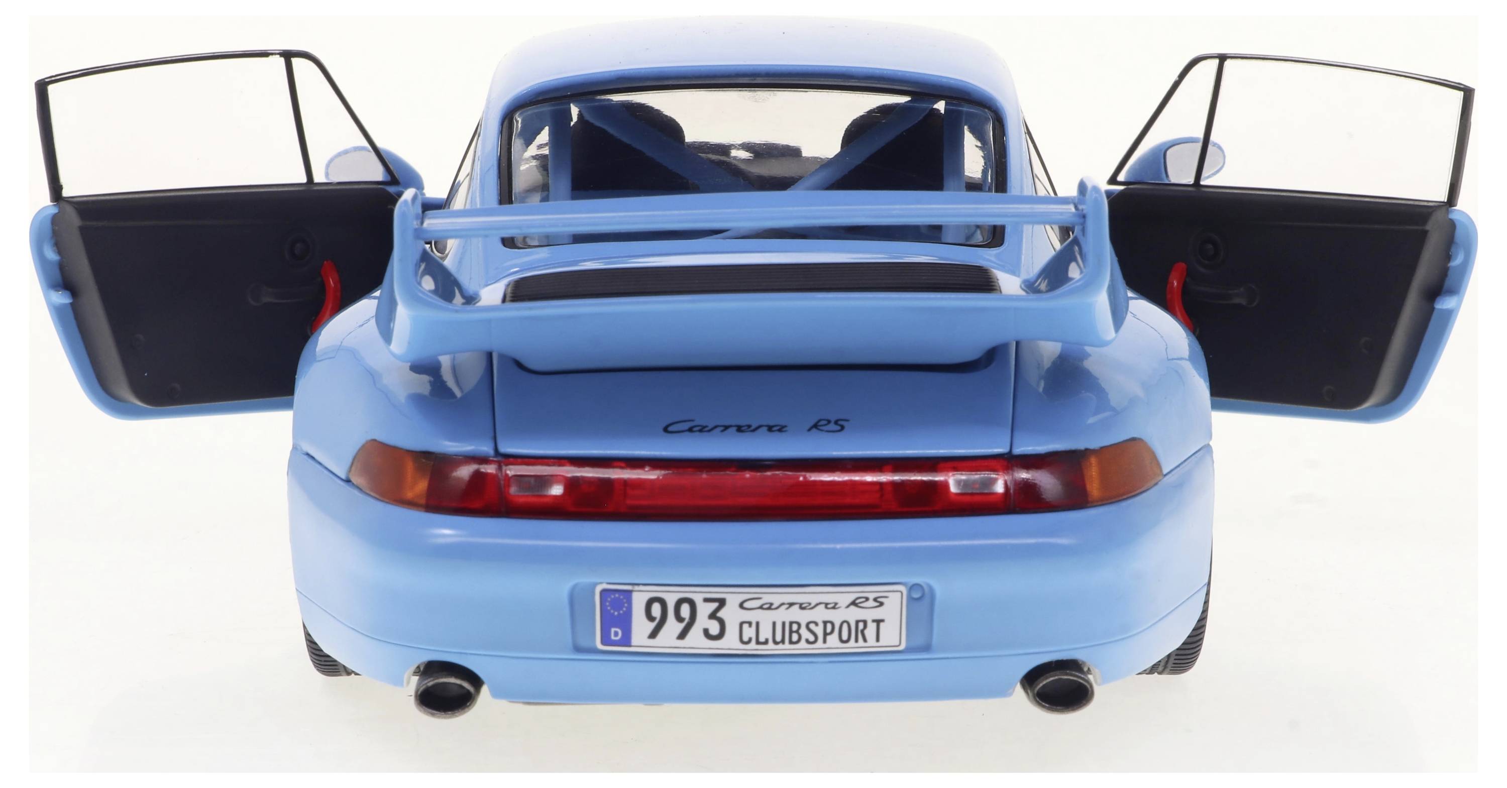 Ein blauer Sportwagen von hinten, Türen geöffnet, Nummernschild '993 CLUBSPORT'.