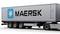 Ein LKW-Anhänger mit einem großen Container der Firma Maersk, erkennbar am blau-weißen Logo und der Aufschrift 'MAERSK' an der Seite.
