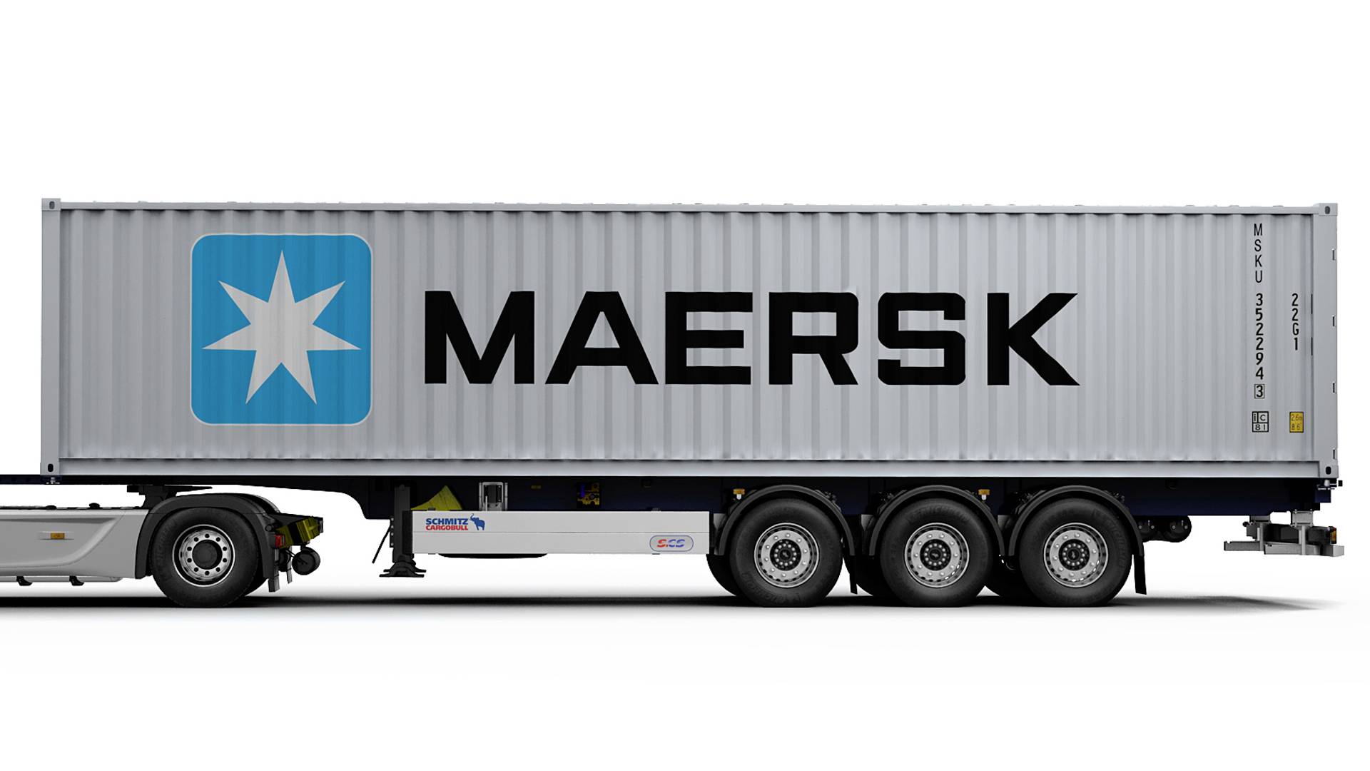 Ein Lkw transportiert einen großen Schiffscontainer mit der Aufschrift 'MAERSK' und einem blauen Logo auf weißem Hintergrund.