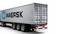 Lkw mit einem großen Container von Maersk auf einem Anhänger, sichtbar von hinten und seitlich, zeigt Standard-Liefertransport.