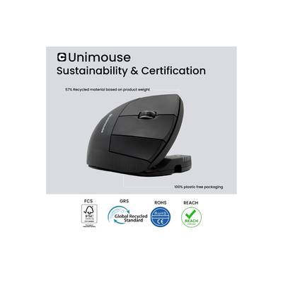 Ergonomische Maus mit nachhaltigem Design, 57 % recyceltes Material, plastikfreie Verpackung. Zertifikate: FSC, GRS, RoHS, REACH.