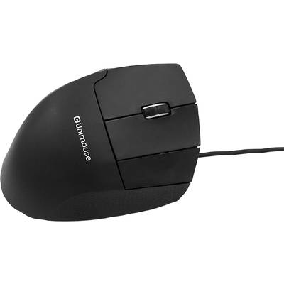 Ergonomische, kabelgebundene vertikale Maus in Schwarz mit Scrollrad und mehreren Tasten, markiert mit 'Unimouse'.