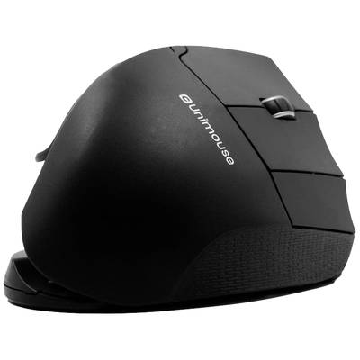Ergonomische schwarze Computermaus mit einzigartigem Design und Neigungsanpassung zur Handentlastung. Links drei Tasten, oben ein Scrollrad.