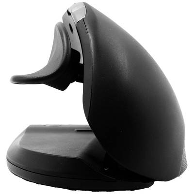 Eine schwarze, ergonomische vertikale Computermaus mit einer geschwungenen Form, entworfen für bessere Handgelenksunterstützung und Komfort.