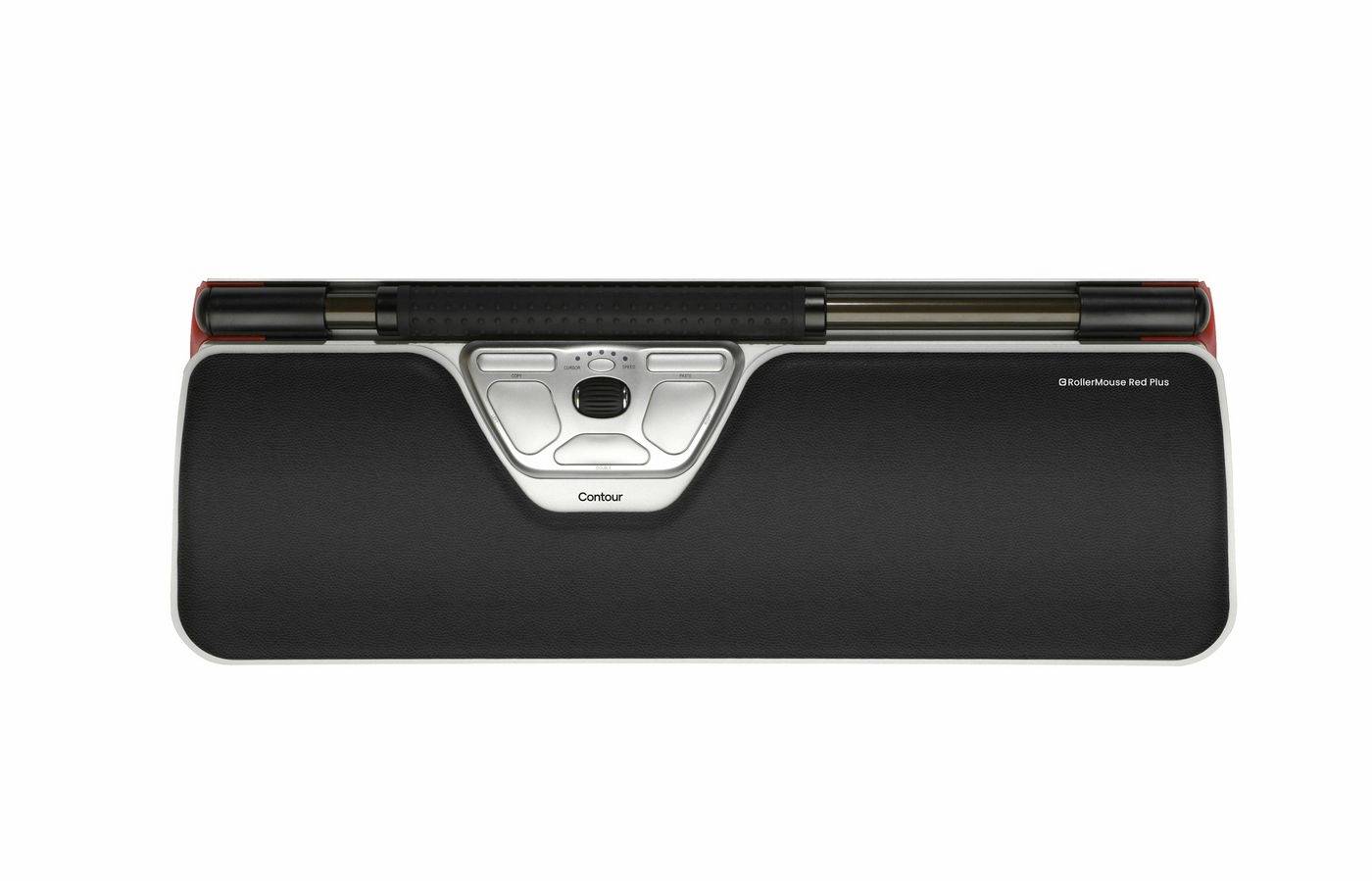 Ergonomische Maus mit zentralen Steuerknöpfen und Handballenauflage zur Unterstützung bei der Computerarbeit.