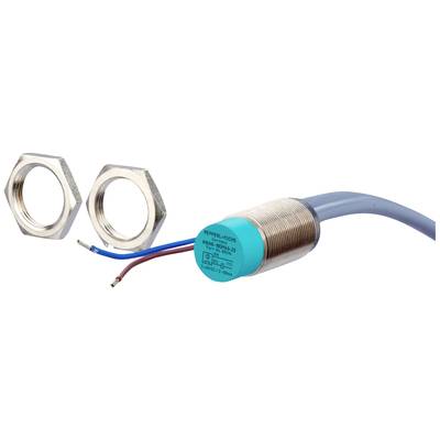 Zylindrischer induktiver Sensor mit Kabel und zwei Sechskantmuttern, geeignet für die Detektion von metallischen Objekten.