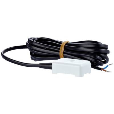 Ein schwarzes Kabel mit einem weißen Sensor am Ende. Der Sensor hat zwei freiliegende Drähte, die zur Verbindung dienen könnten.