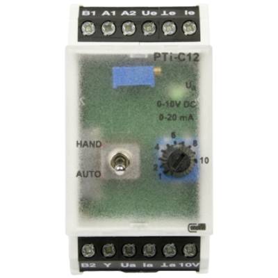 Ein elektrisches Steuergerät mit Schalter und Drehregler, markiert mit 'Hand' und 'Auto'. Es zeigt Skalen für '0-10V DC' und '0-20 mA'.