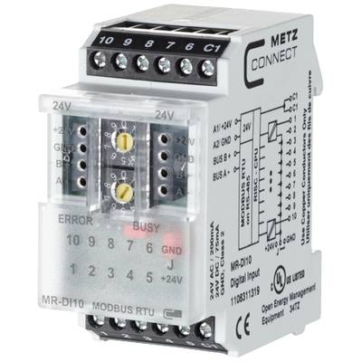 Modul zur Hutschienenmontage mit mehreren Anschlüssen und LED-Anzeigen. Beschriftung zeigt technische Spezifikationen und Anschlussdetails.