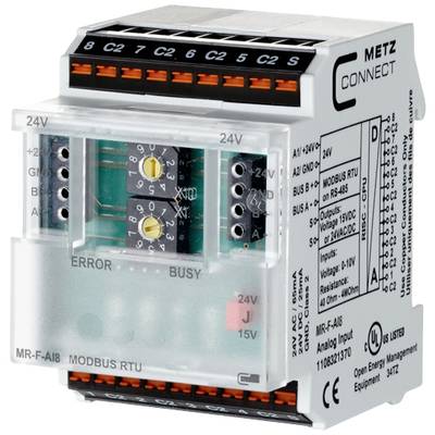 Ein weißes elektronisches Steuergerät mit mehreren Anschlüssen und einer transparenten Abdeckung, beschriftet mit 'Metz Connect'.