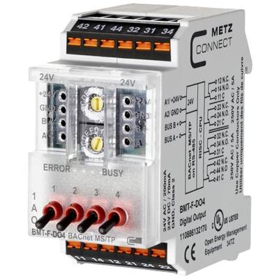 Ein BACnet-Modul von METZ CONNECT, angezeigt mit mehreren Anschlüssen und Statusanzeigen, für digitale Outputs und Netzwerkanbindung.