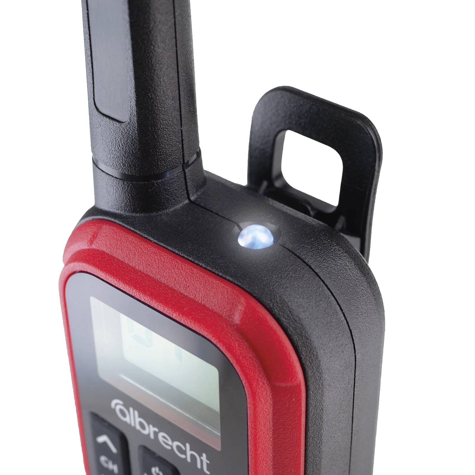 Handfunkgerät mit Display und leuchtendem Indikator. Herstellername sichtbar. Kompaktes Design, geeignet für Kommunikation unterwegs.