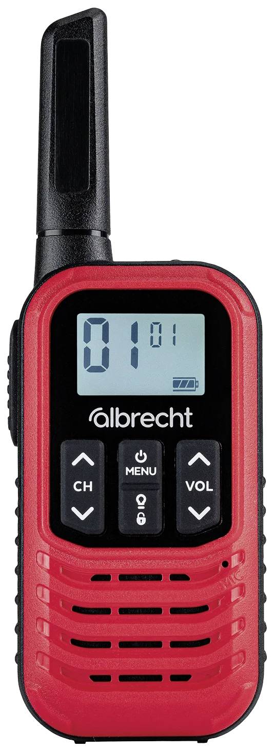 Rotes Walkie-Talkie mit digitalem Display, zeigt Kanal '01'. Drei weiße Tasten: 'CH', 'MENU', 'VOL'. Marke 'Albrecht'.