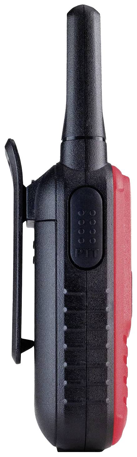 Ein Walkie-Talkie in schwarz und rot, seitliche Ansicht, zeigt eine Antenne und einen Clip. Ideal für mobile Kommunikation.