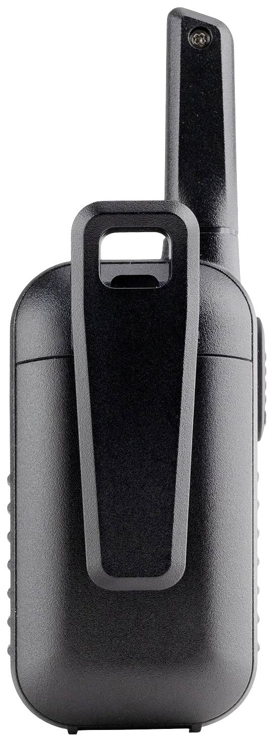'Seitenansicht eines schwarzen Handfunkgeräts mit Antenne und Gürtelclip.'